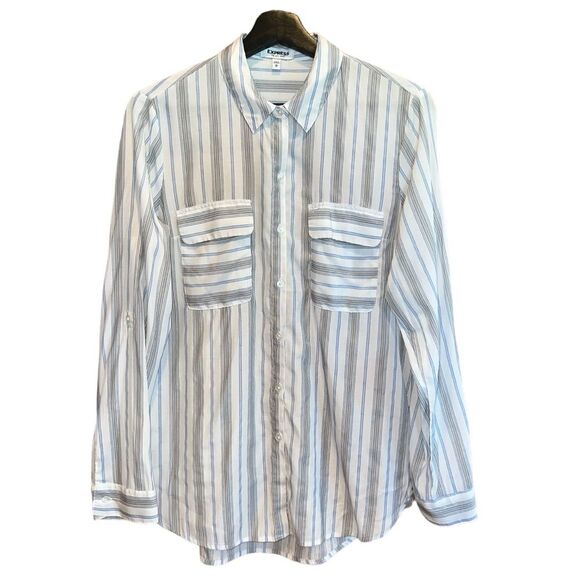 Express The City Shirt Size M White Black Blue Striped Long‎ Sleeve Button Up - Picture 1 of 13